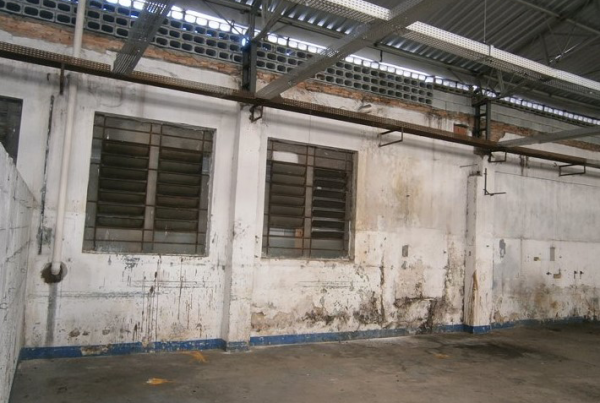 Vista da infiltração e os descascamentos da pintura nas paredes do galpão, devido a não impermeabilização dos alicerces.